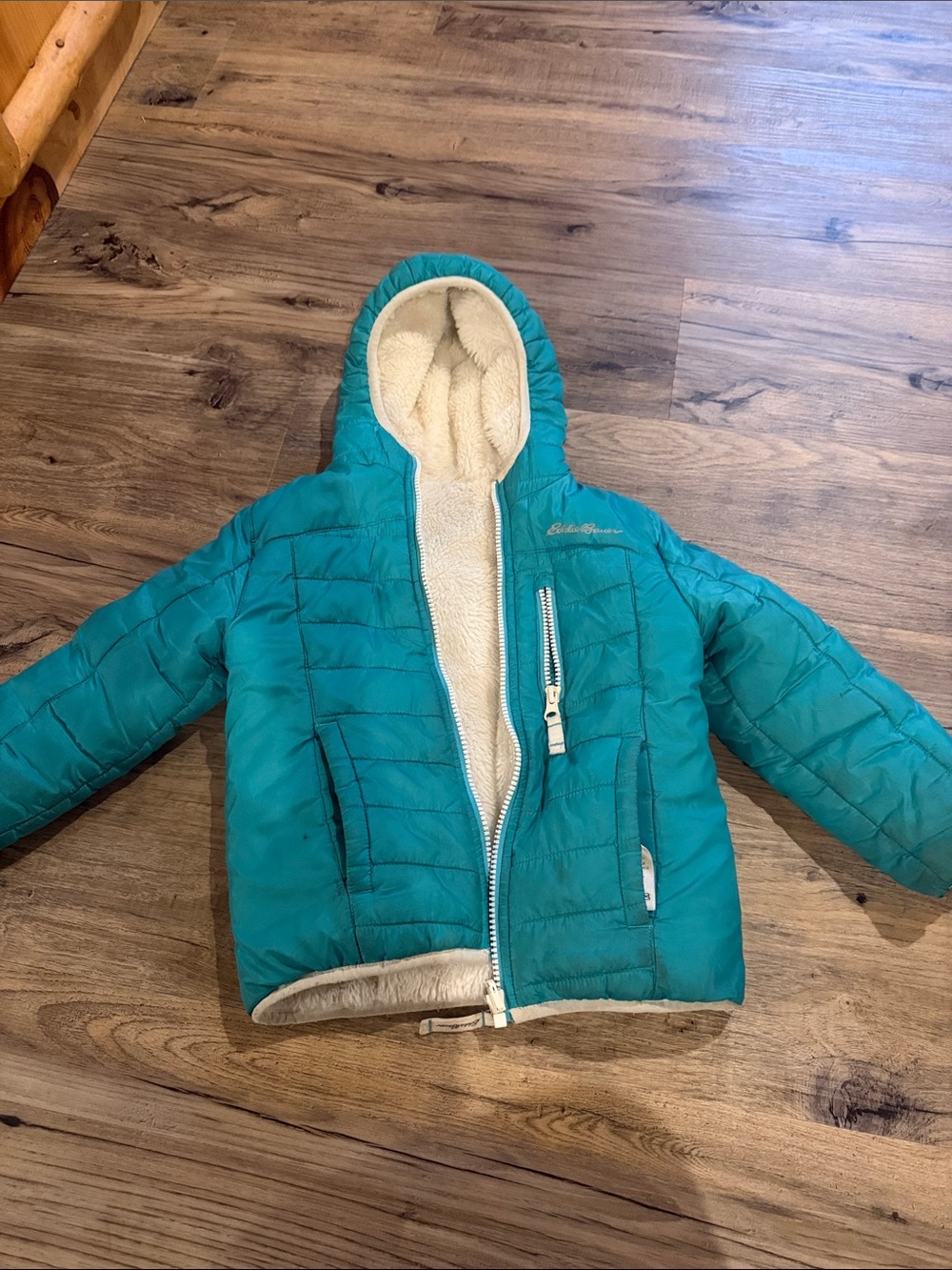 Eddie Bauer Kids Teal Hooded Puffer Jacket with Sherpa Lining